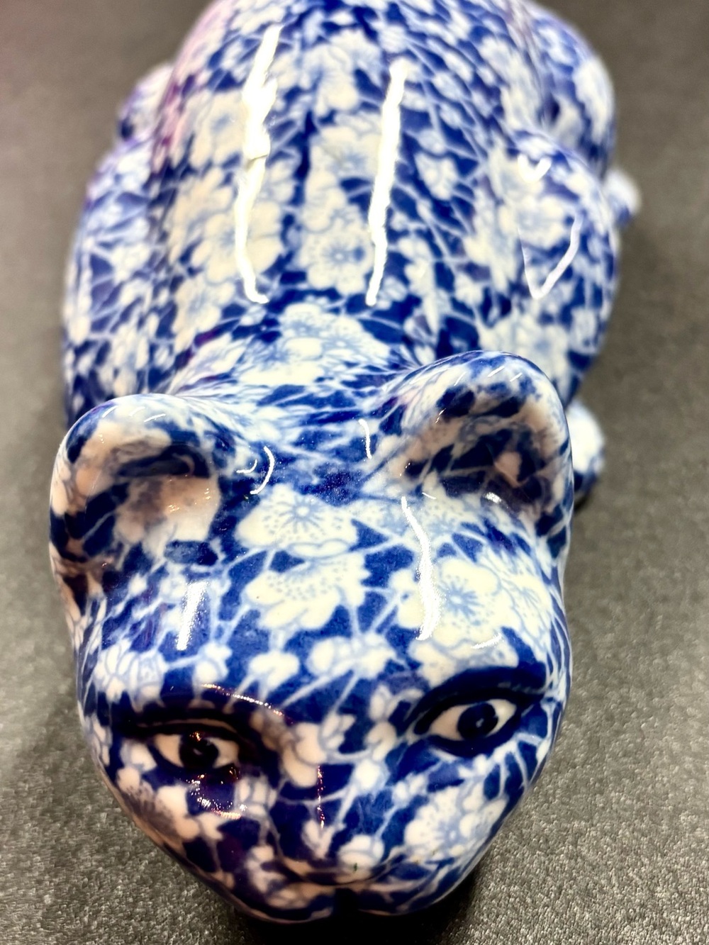 Sweet Vtg Calico China Porcelain Crouching Blue Calico Cat Crown Marking 11.50"